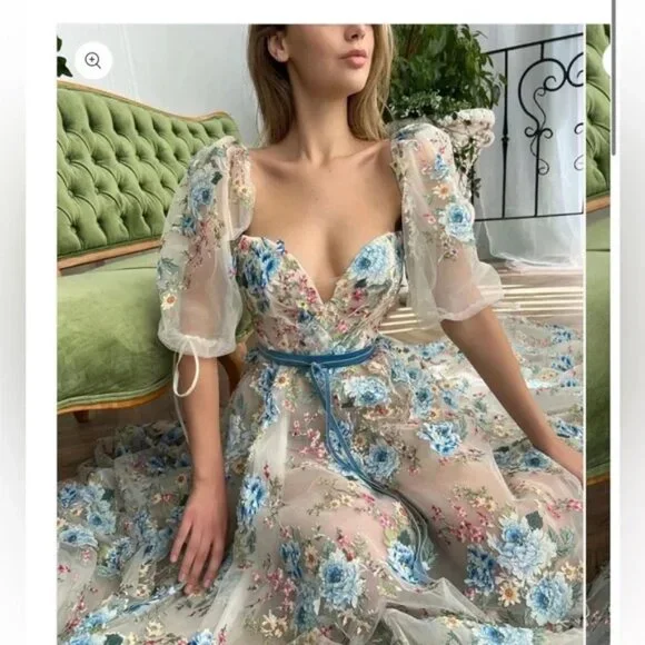 Teuta Matoshi- Cerulean Wildflower Floral Puff Sleeve Dress with Blue Accents - Picture 7 of 8